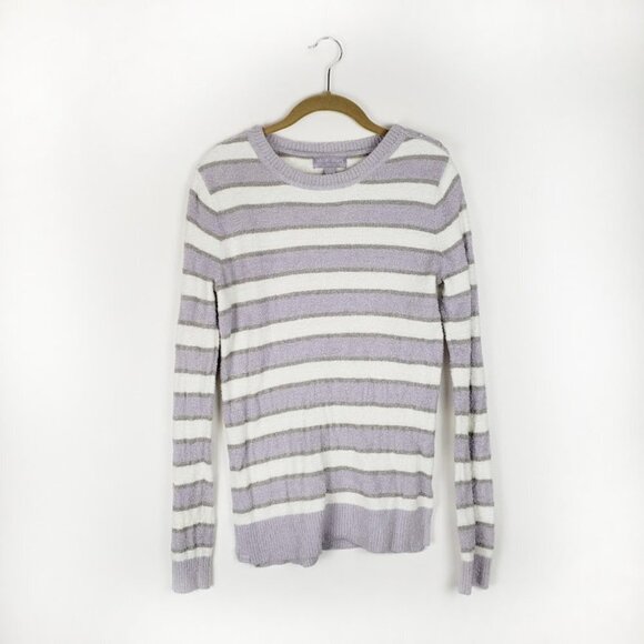 Barefoot Dreams CozyChic Lite Crew Neck Sweater Purple Stripe Womens Size Small - Picture 8 of 8